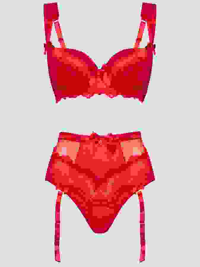 Lovehoney Moonlight Desire Red Satin Crotchless Bra Set, Red, hi-res
